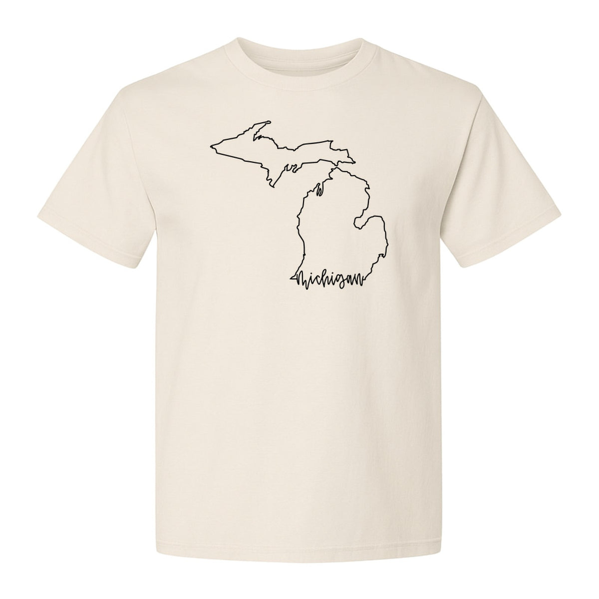 Michigan T-Shirt, Script State Outline Map Design for Great Lakes Residents and Road Trip Souvenirs