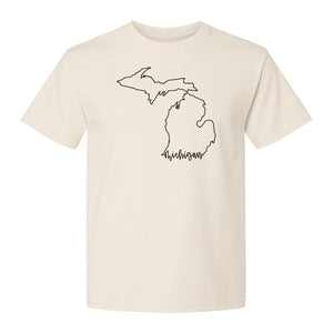 Michigan T-Shirt, Script State Outline Map Design for Great Lakes Residents and Road Trip Souvenirs