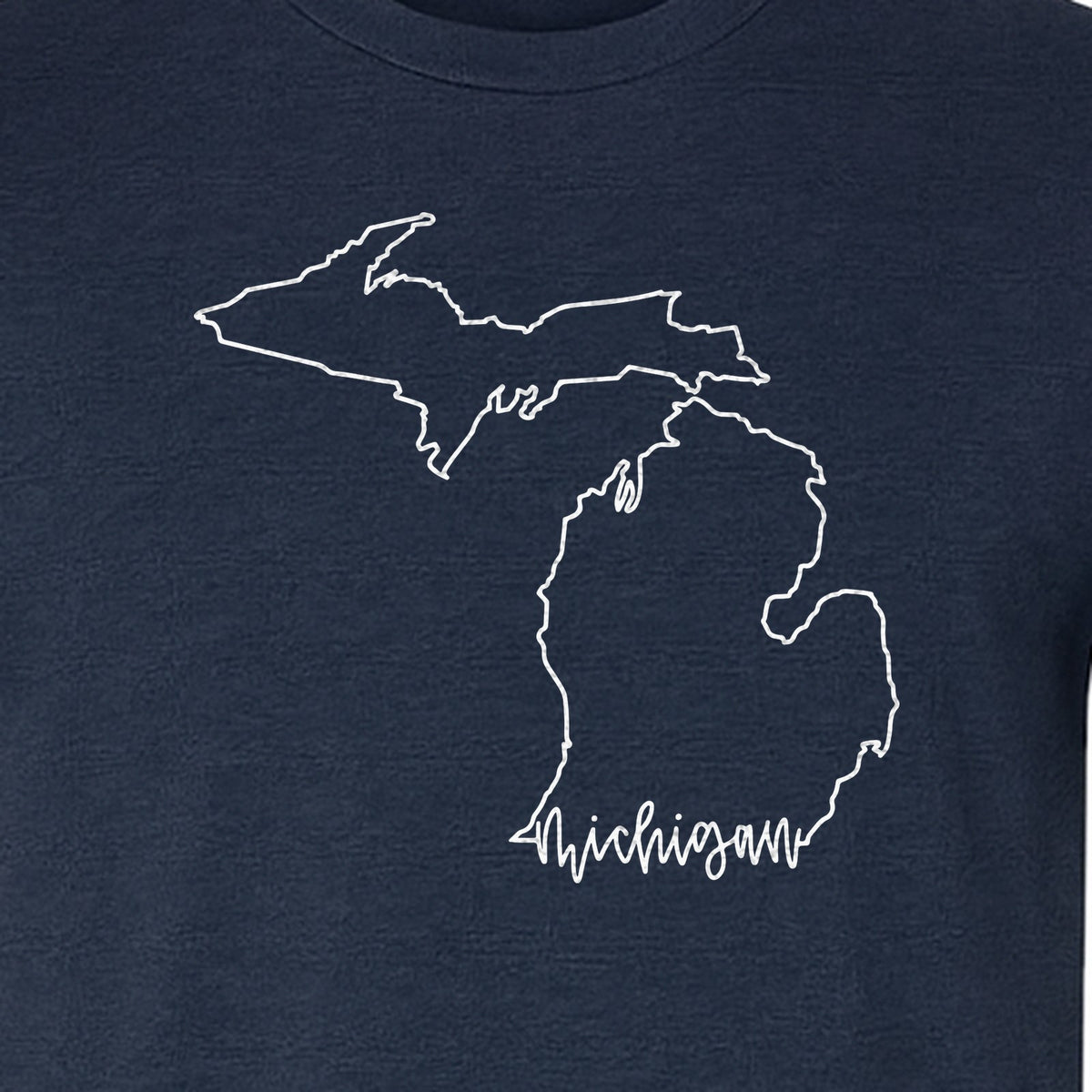 Michigan T-Shirt, Script State Outline Map Design for Great Lakes Residents and Road Trip Souvenirs