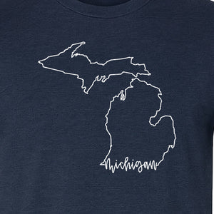 Michigan T-Shirt, Script State Outline Map Design for Great Lakes Residents and Road Trip Souvenirs