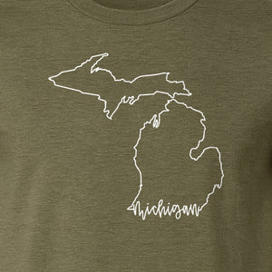 Michigan T-Shirt, Script State Outline Map Design for Great Lakes Residents and Road Trip Souvenirs