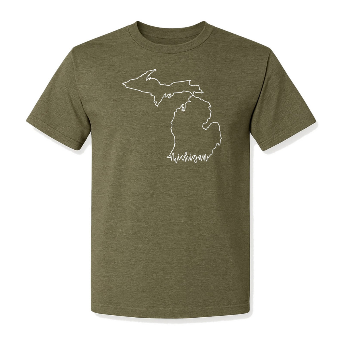 Michigan T-Shirt, Script State Outline Map Design for Great Lakes Residents and Road Trip Souvenirs