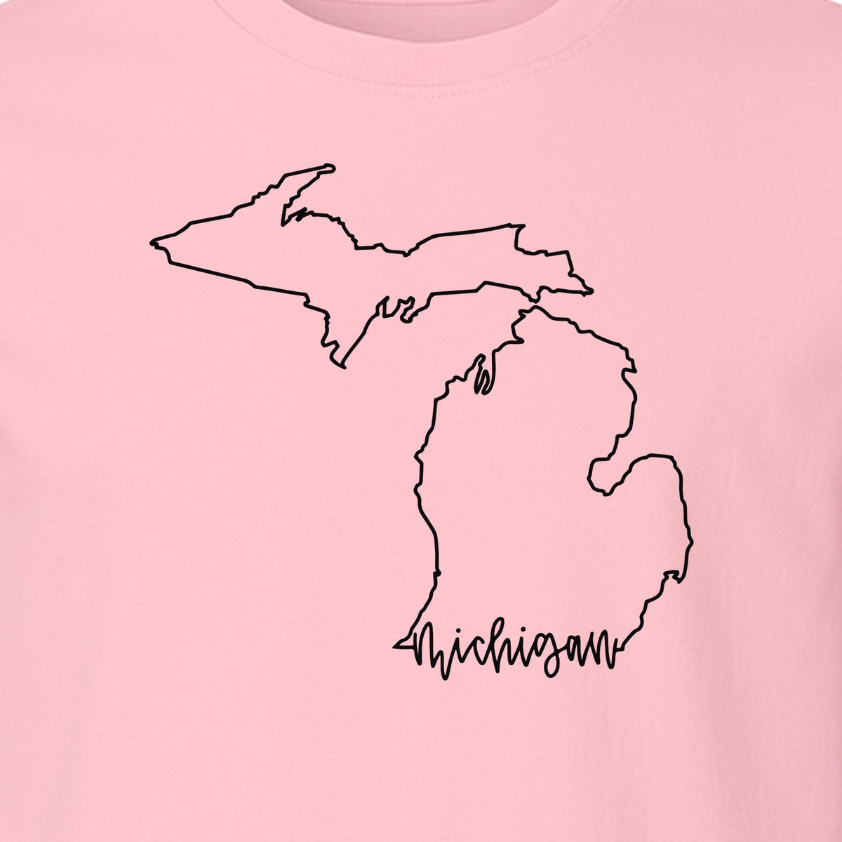 Michigan T-Shirt, Script State Outline Map Design for Great Lakes Residents and Road Trip Souvenirs