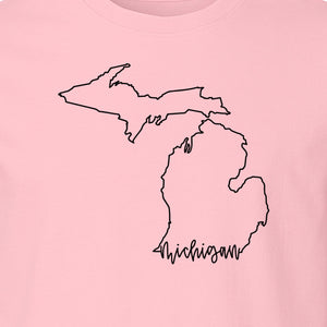 Michigan T-Shirt, Script State Outline Map Design for Great Lakes Residents and Road Trip Souvenirs