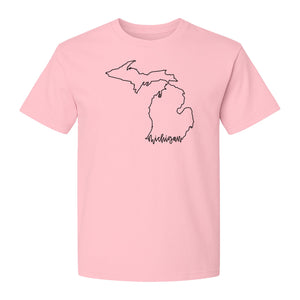 Michigan T-Shirt, Script State Outline Map Design for Great Lakes Residents and Road Trip Souvenirs