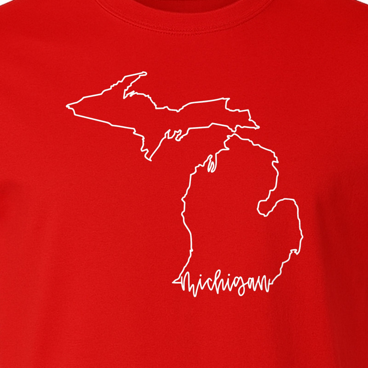 Michigan T-Shirt, Script State Outline Map Design for Great Lakes Residents and Road Trip Souvenirs