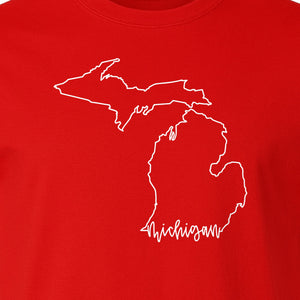 Michigan T-Shirt, Script State Outline Map Design for Great Lakes Residents and Road Trip Souvenirs