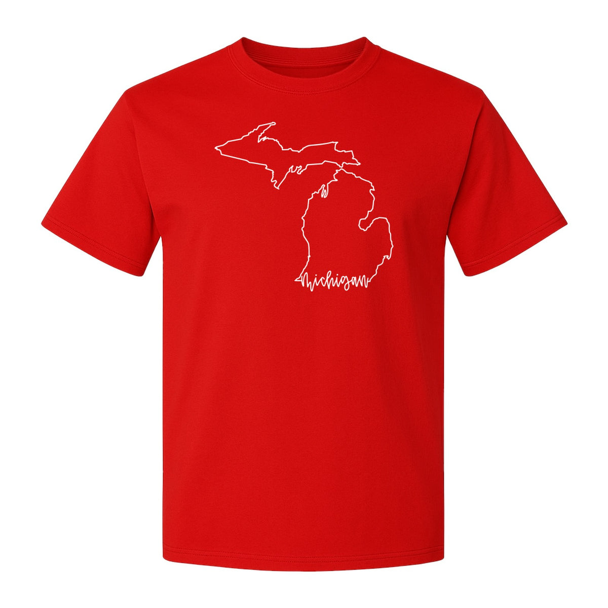 Michigan T-Shirt, Script State Outline Map Design for Great Lakes Residents and Road Trip Souvenirs