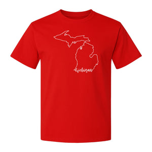 Michigan T-Shirt, Script State Outline Map Design for Great Lakes Residents and Road Trip Souvenirs