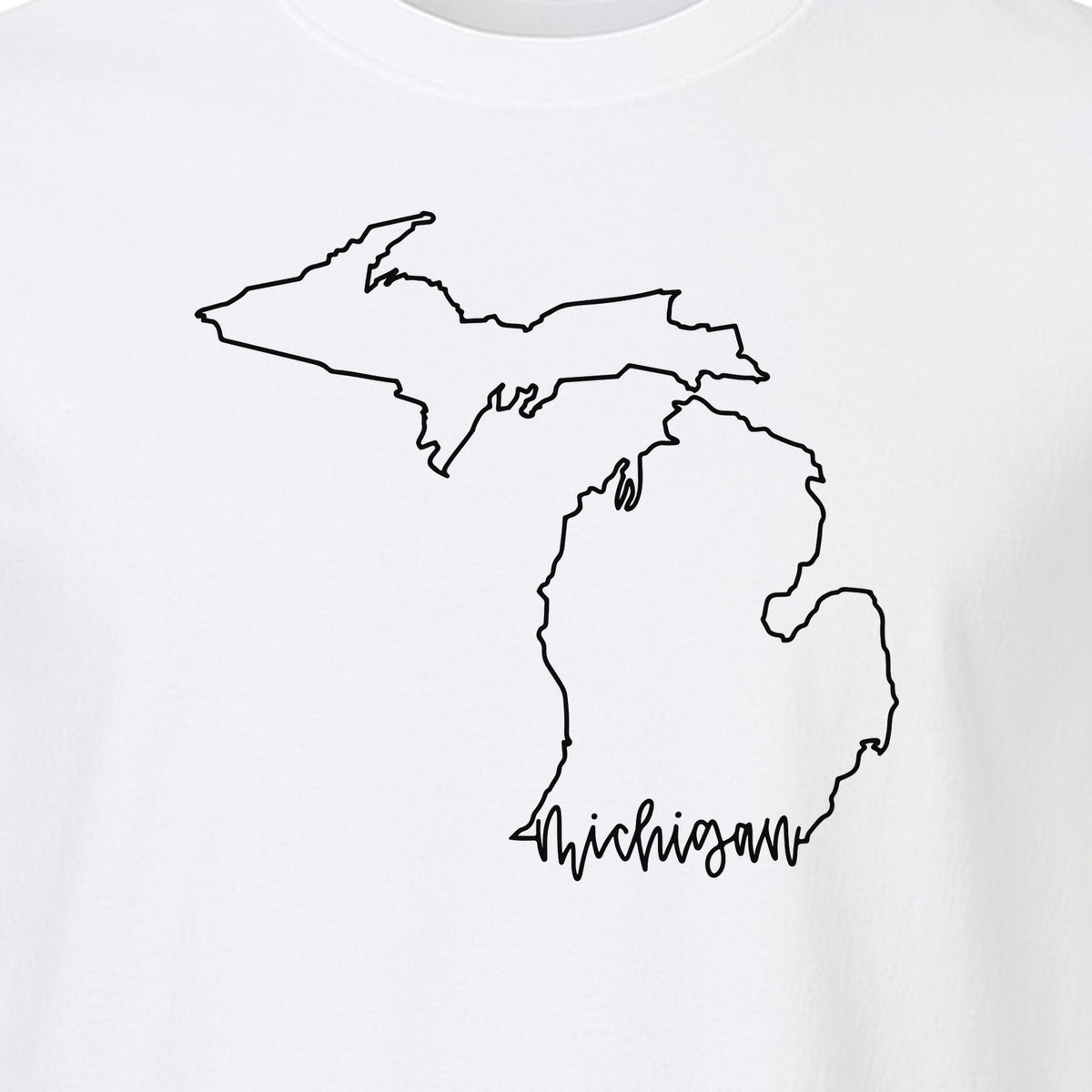 Michigan T-Shirt, Script State Outline Map Design for Great Lakes Residents and Road Trip Souvenirs
