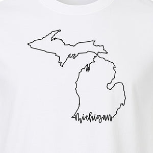 Michigan T-Shirt, Script State Outline Map Design for Great Lakes Residents and Road Trip Souvenirs