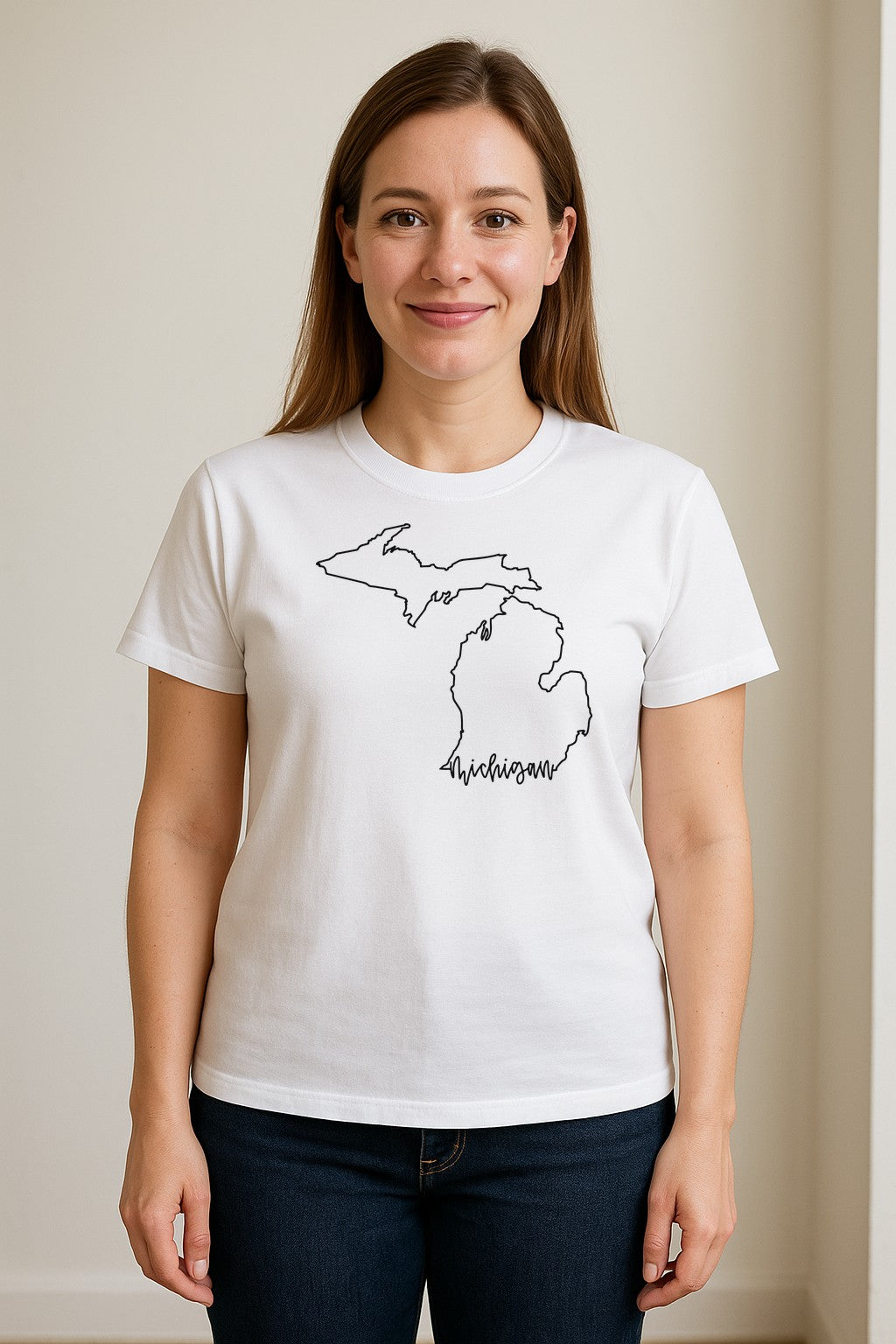 Michigan T-Shirt, Script State Outline Map Design for Great Lakes Residents and Road Trip Souvenirs