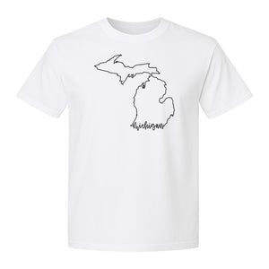 Michigan T-Shirt, Script State Outline Map Design for Great Lakes Residents and Road Trip Souvenirs