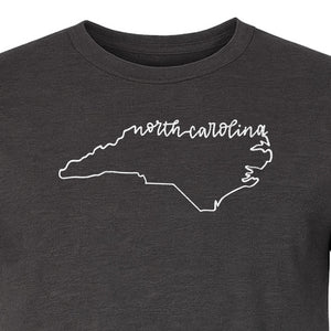 North Carolina T-Shirt, Script State Outline Map for Residents, Visitors and Road Trip Souvenirs