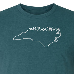 North Carolina T-Shirt, Script State Outline Map for Residents, Visitors and Road Trip Souvenirs