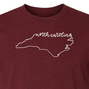 North Carolina T-Shirt, Script State Outline Map for Residents, Visitors and Road Trip Souvenirs