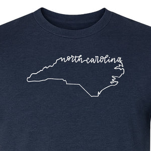 North Carolina T-Shirt, Script State Outline Map for Residents, Visitors and Road Trip Souvenirs