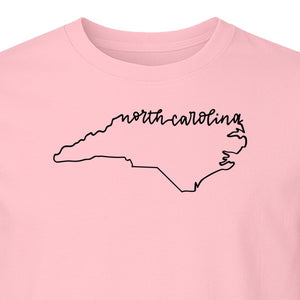 North Carolina T-Shirt, Script State Outline Map for Residents, Visitors and Road Trip Souvenirs