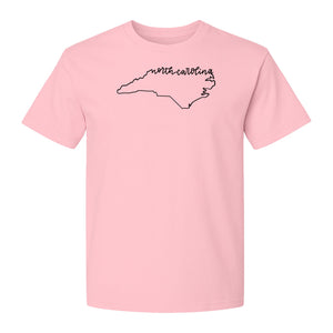 North Carolina T-Shirt, Script State Outline Map for Residents, Visitors and Road Trip Souvenirs