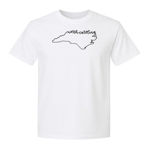 North Carolina T-Shirt, Script State Outline Map for Residents, Visitors and Road Trip Souvenirs
