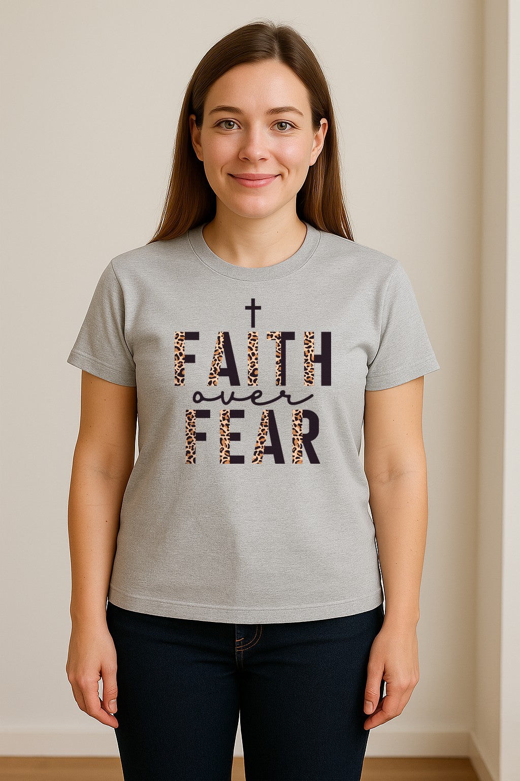 Faith Over Fear T-Shirt, Leopard Print Cross Christian Inspirational Graphic Tee