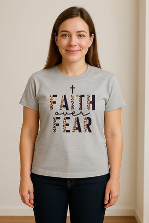 Faith Over Fear T-Shirt, Leopard Print Cross Christian Inspirational Graphic Tee