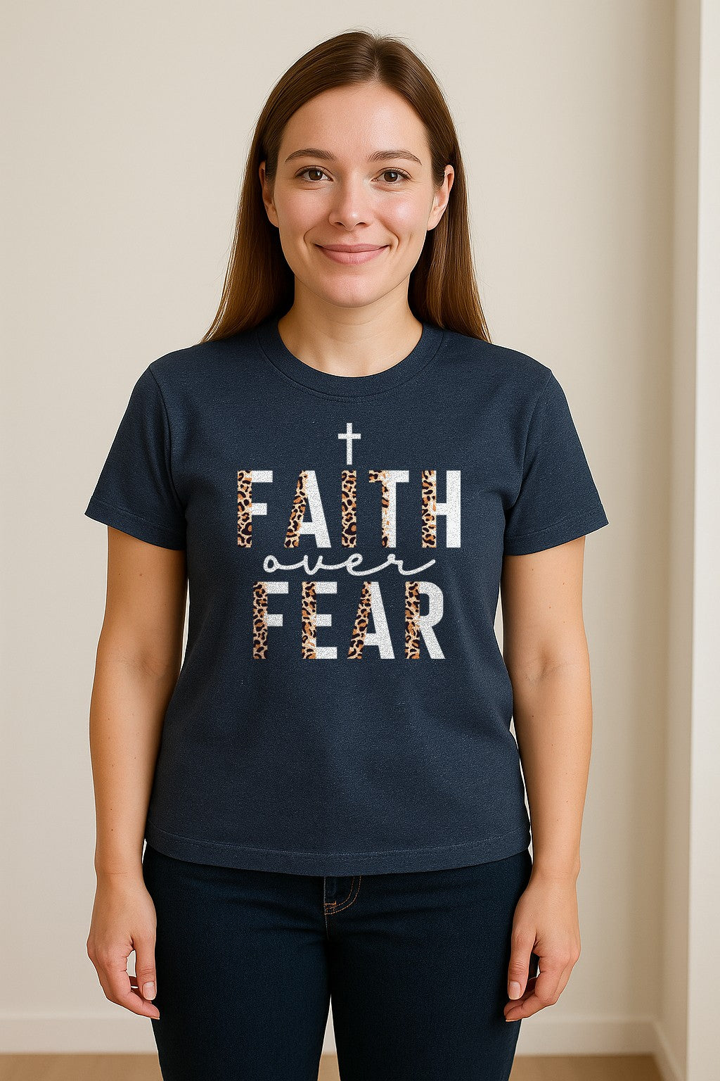 Faith Over Fear T-Shirt, Leopard Print Cross Christian Inspirational Graphic Tee