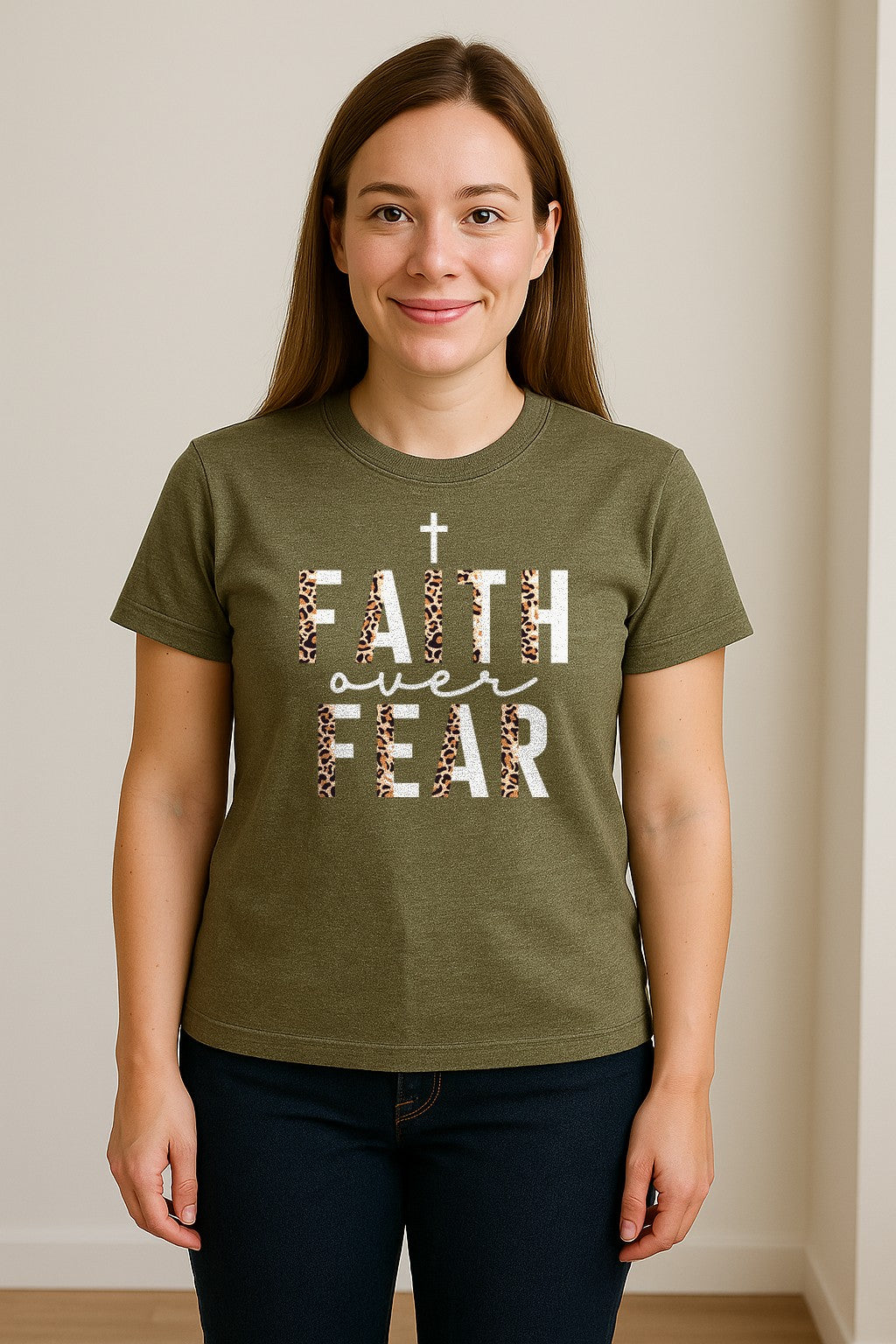 Faith Over Fear T-Shirt, Leopard Print Cross Christian Inspirational Graphic Tee