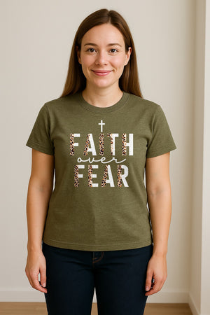 Faith Over Fear T-Shirt, Leopard Print Cross Christian Inspirational Graphic Tee