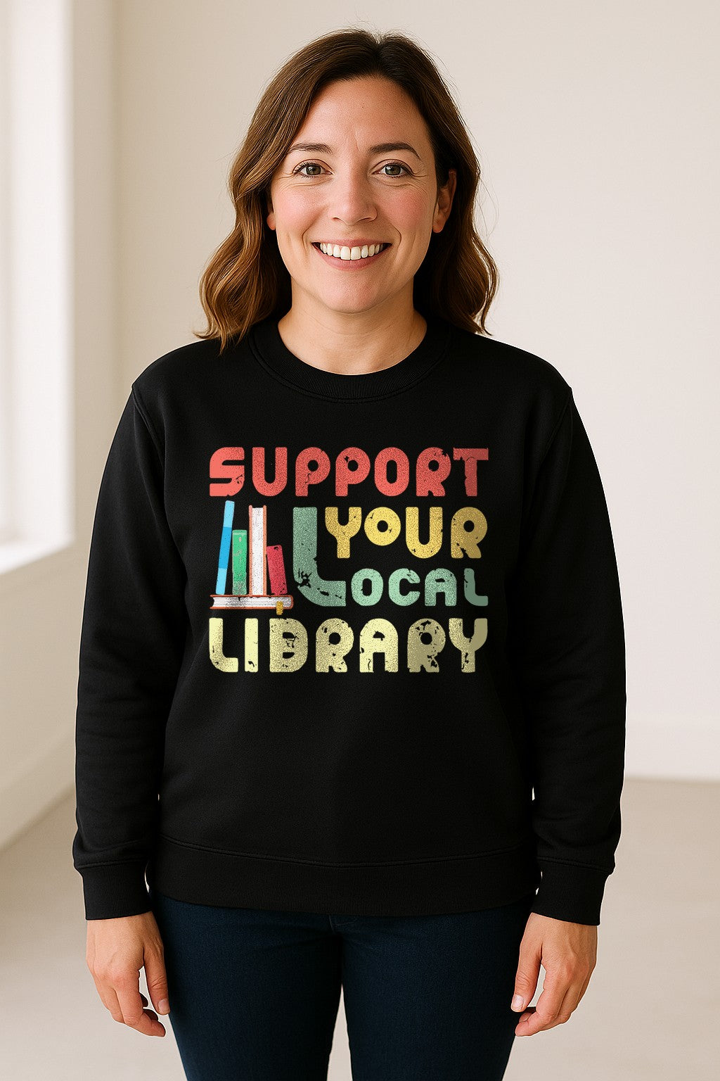 Support Your Local Library Sweatshirt, Retro Book Stack Design for Readers and Librarians