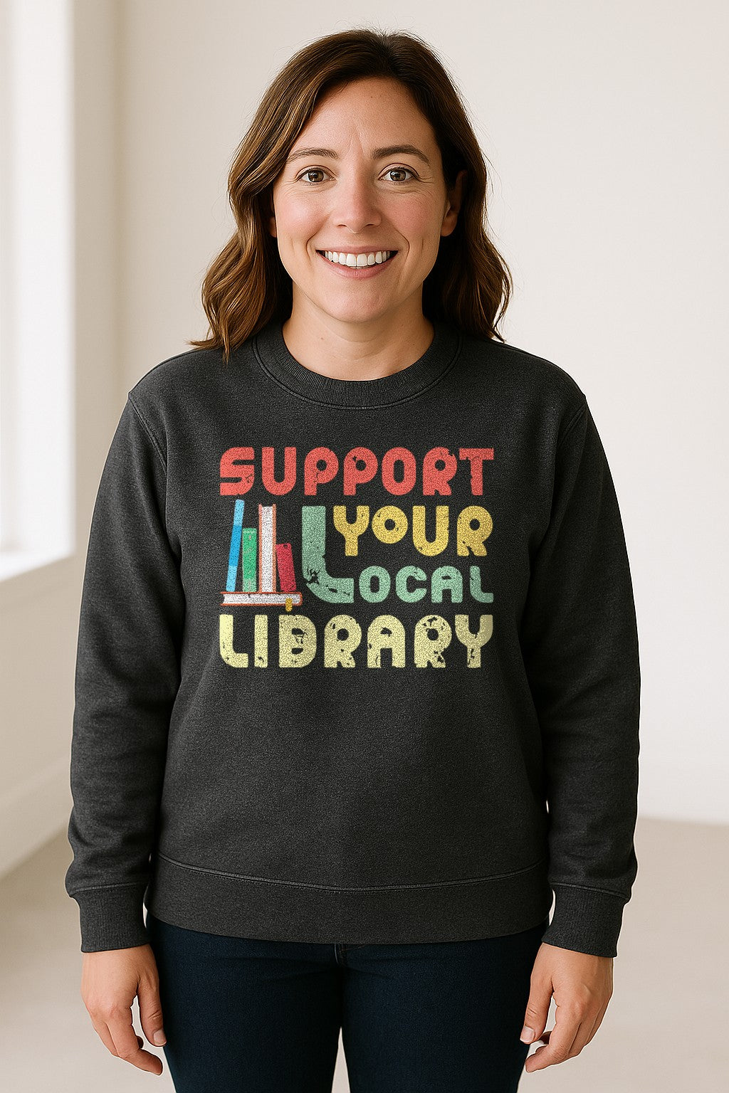 Support Your Local Library Sweatshirt, Retro Book Stack Design for Readers and Librarians