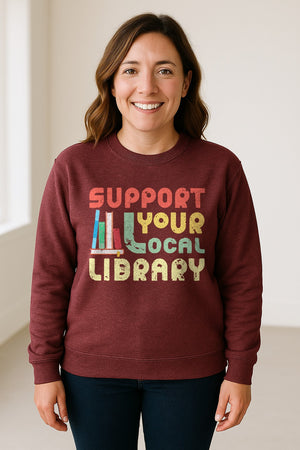 Support Your Local Library Sweatshirt, Retro Book Stack Design for Readers and Librarians