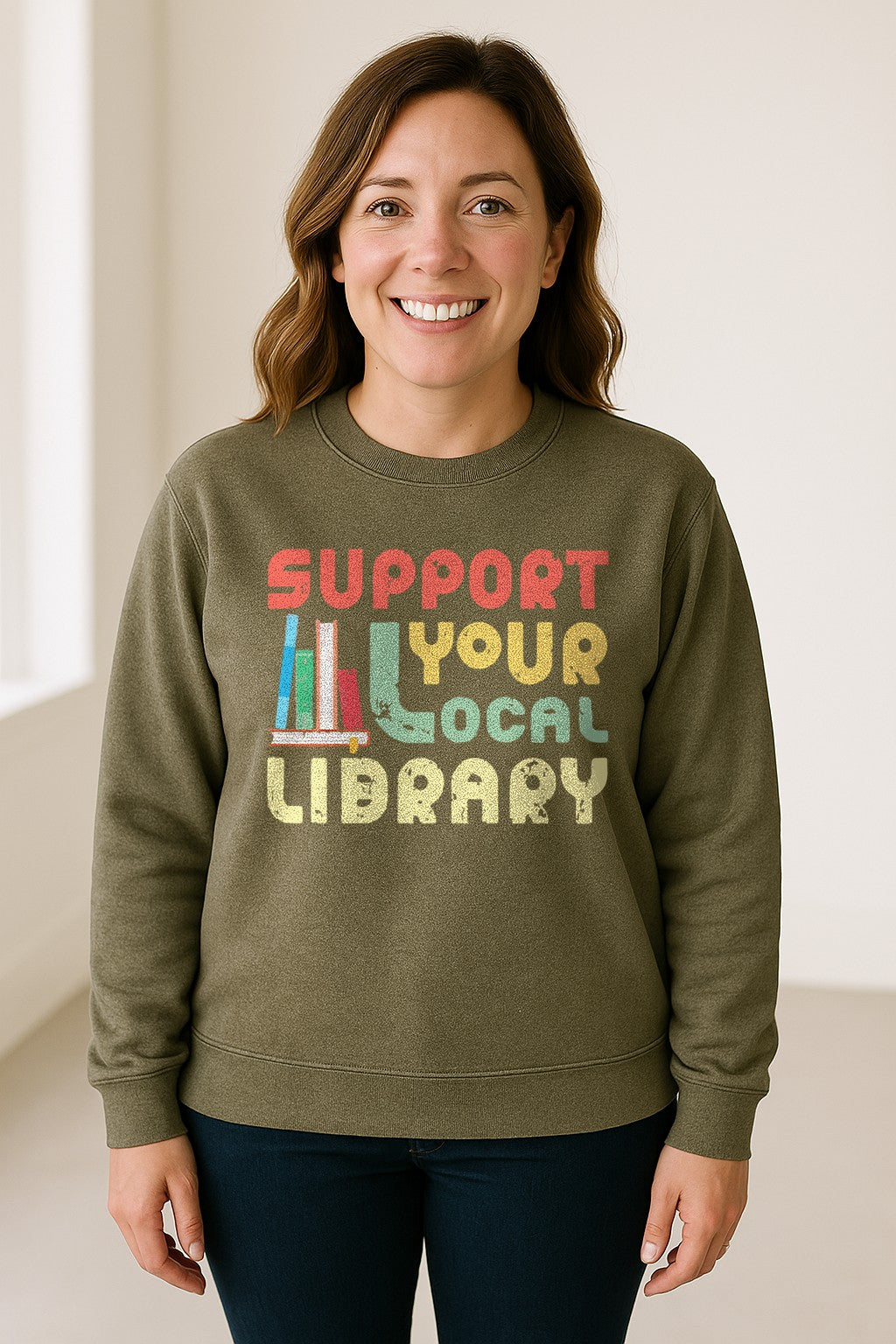 Support Your Local Library Sweatshirt, Retro Book Stack Design for Readers and Librarians