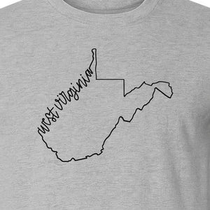 West Virginia Map T-Shirt, Script State Outline Design for Hometown Pride and Travel