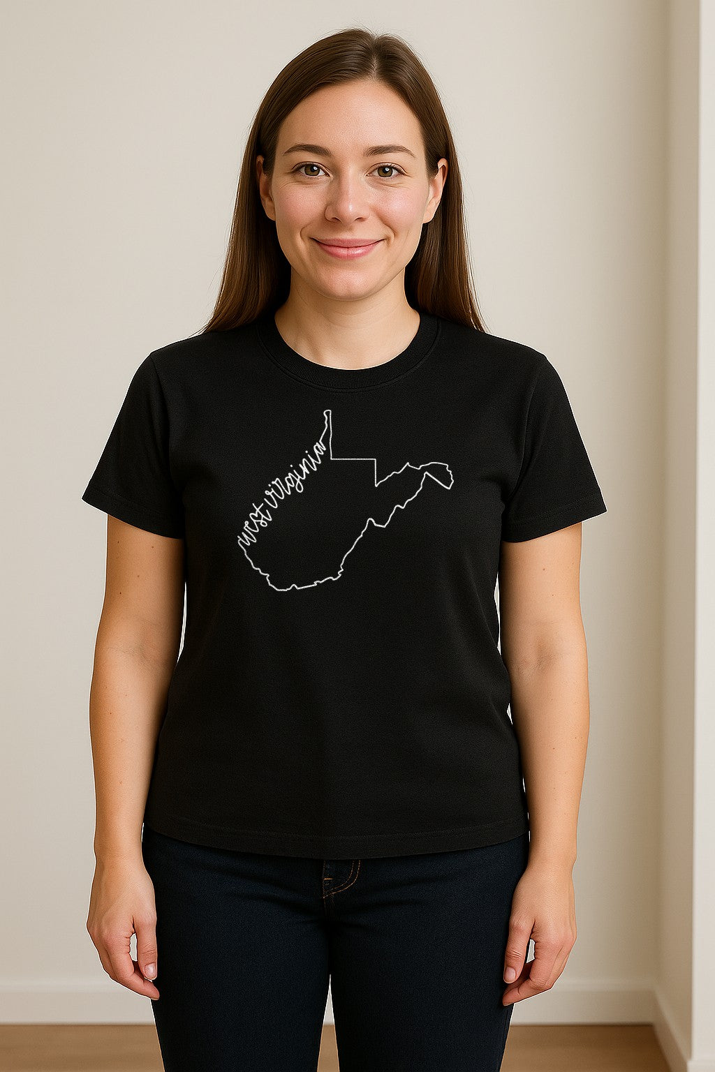 West Virginia Map T-Shirt, Script State Outline Design for Hometown Pride and Travel