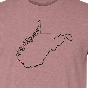West Virginia Map T-Shirt, Script State Outline Design for Hometown Pride and Travel