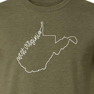 West Virginia Map T-Shirt, Script State Outline Design for Hometown Pride and Travel