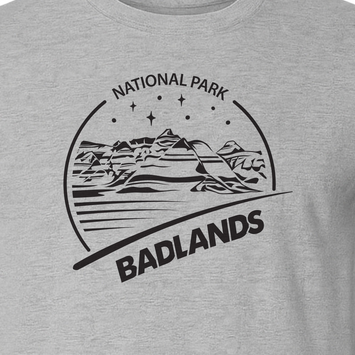Badlands National Park T-Shirt, South Dakota Mountain Landscape Travel Graphic for Hikers and Campers