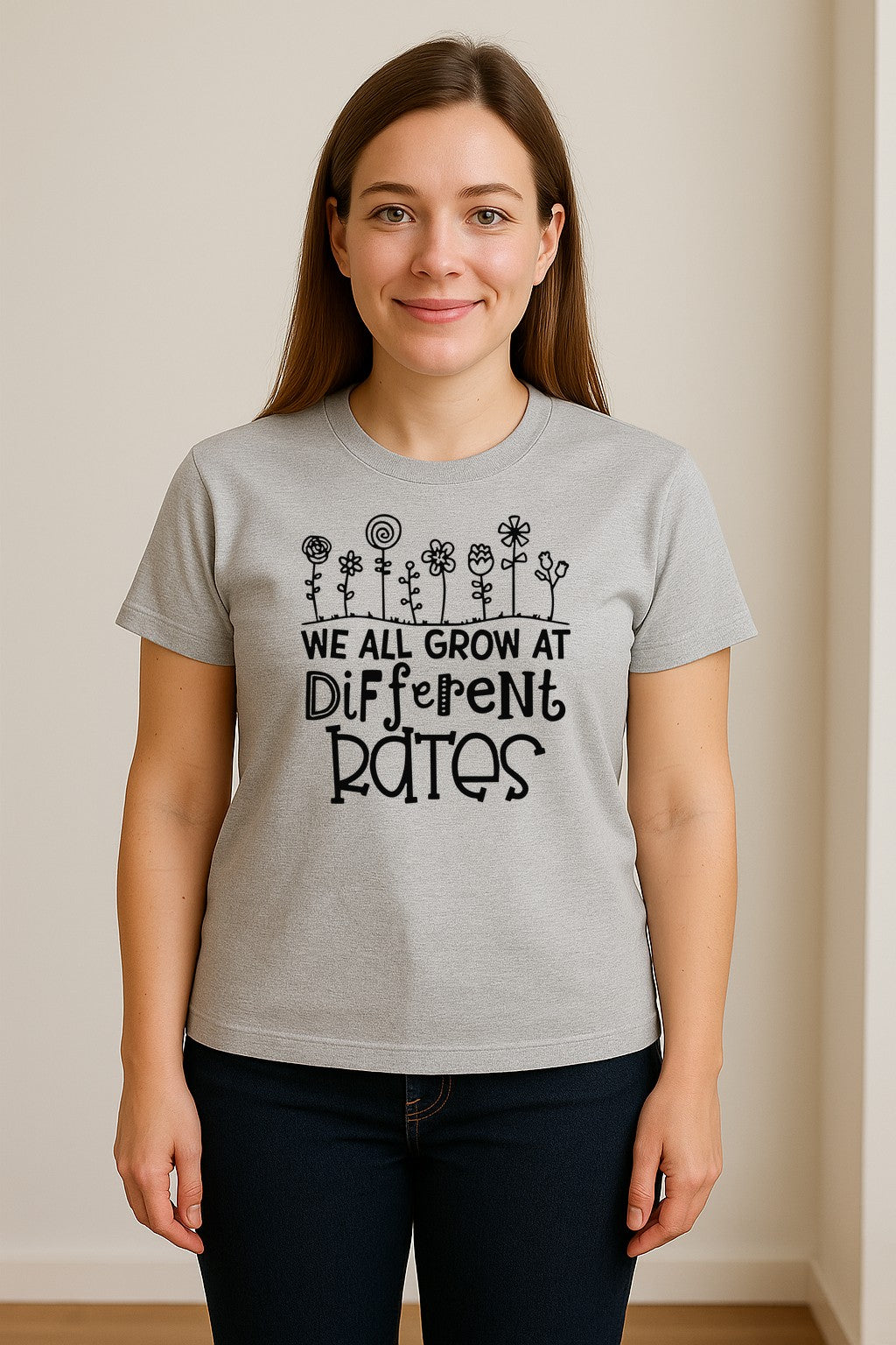 Teacher T-Shirt, We All Grow at Different Rates Floral Classroom Design for Special Education