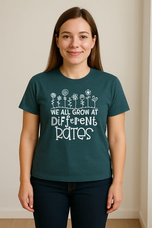 Teacher T-Shirt, We All Grow at Different Rates Floral Classroom Design for Special Education