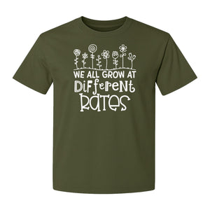 Teacher T-Shirt, We All Grow at Different Rates Floral Classroom Design for Special Education