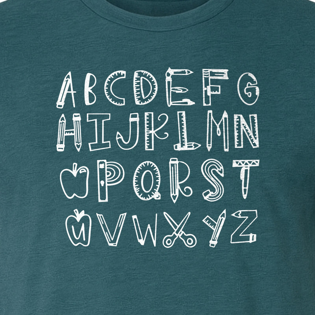 Teacher T-Shirt, Hand-Drawn A-Z Letter Design for Elementary Educators and Back to School