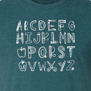 Teacher T-Shirt, Hand-Drawn A-Z Letter Design for Elementary Educators and Back to School
