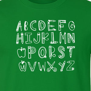 Teacher T-Shirt, Hand-Drawn A-Z Letter Design for Elementary Educators and Back to School