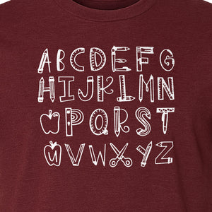 Teacher T-Shirt, Hand-Drawn A-Z Letter Design for Elementary Educators and Back to School