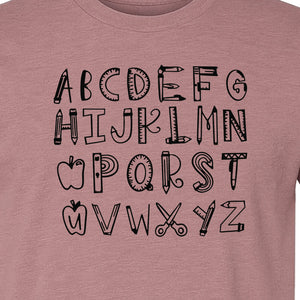 Teacher T-Shirt, Hand-Drawn A-Z Letter Design for Elementary Educators and Back to School