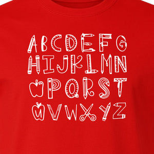Teacher T-Shirt, Hand-Drawn A-Z Letter Design for Elementary Educators and Back to School
