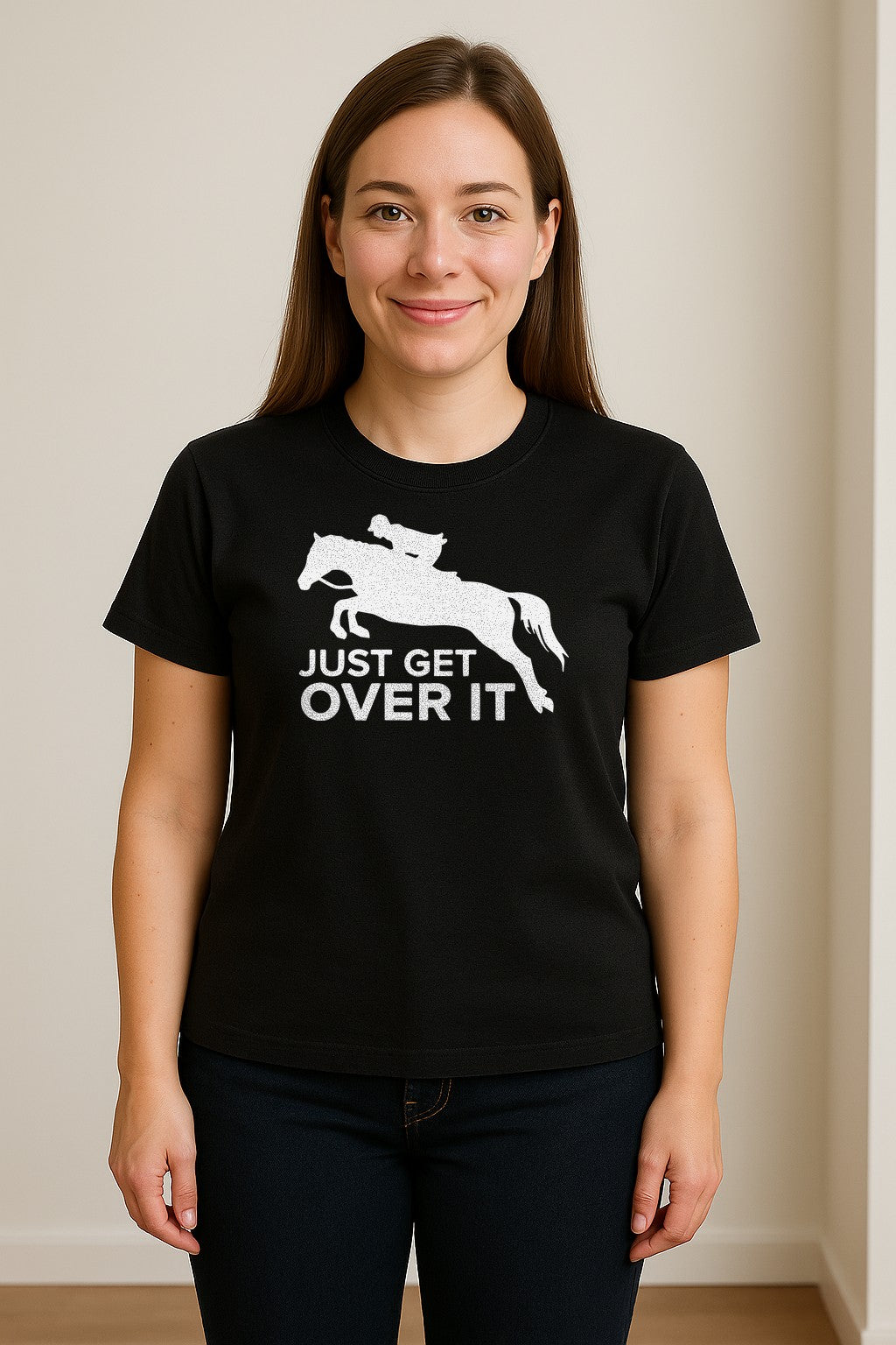 Horse Jumping T-Shirt, Just Get Over It Equestrian Design for Show Riders and Stable Life