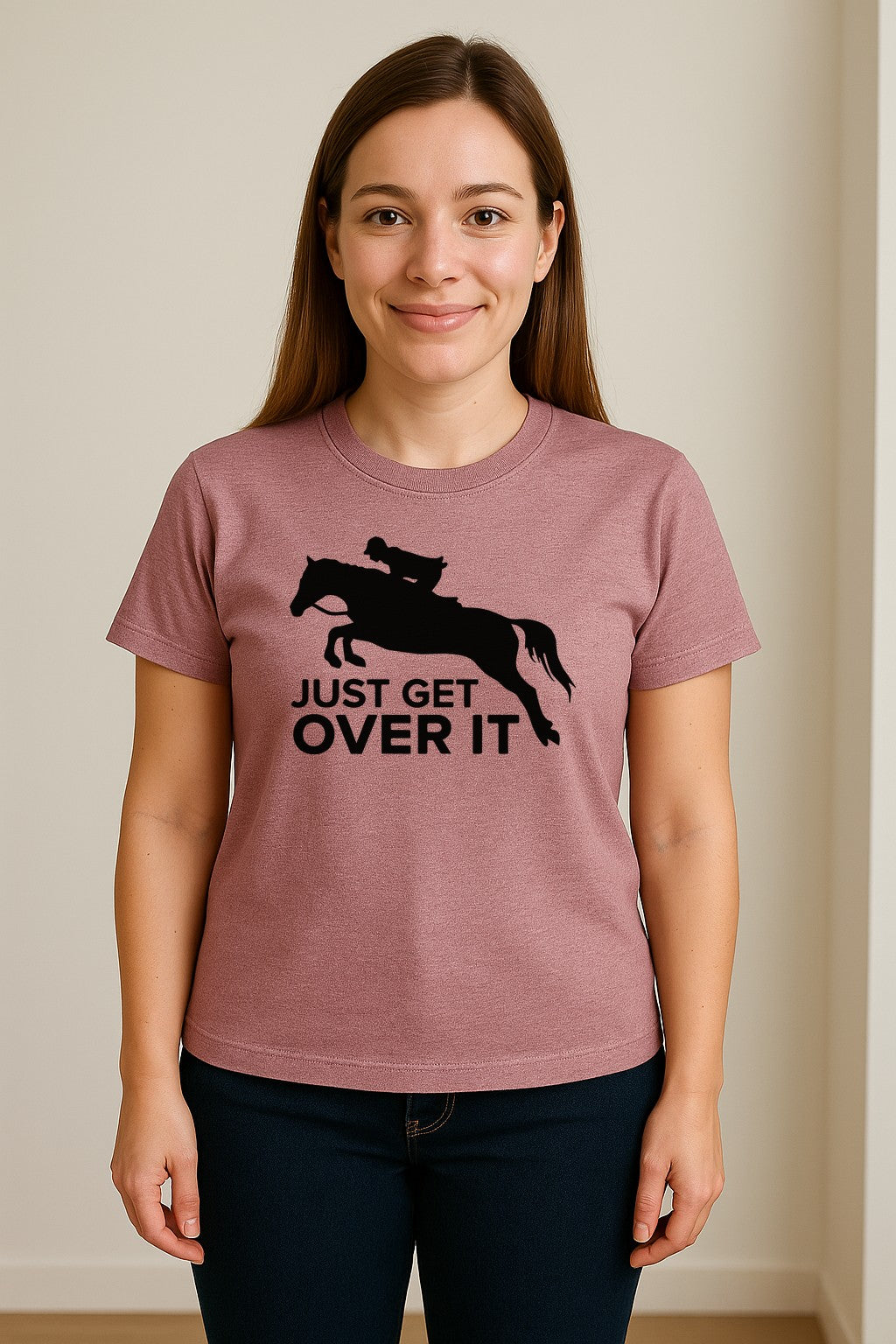 Horse Jumping T-Shirt, Just Get Over It Equestrian Design for Show Riders and Stable Life