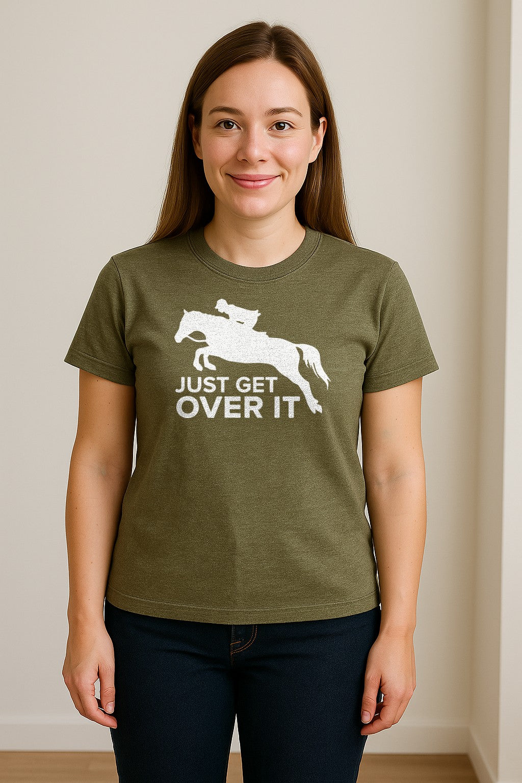 Horse Jumping T-Shirt, Just Get Over It Equestrian Design for Show Riders and Stable Life